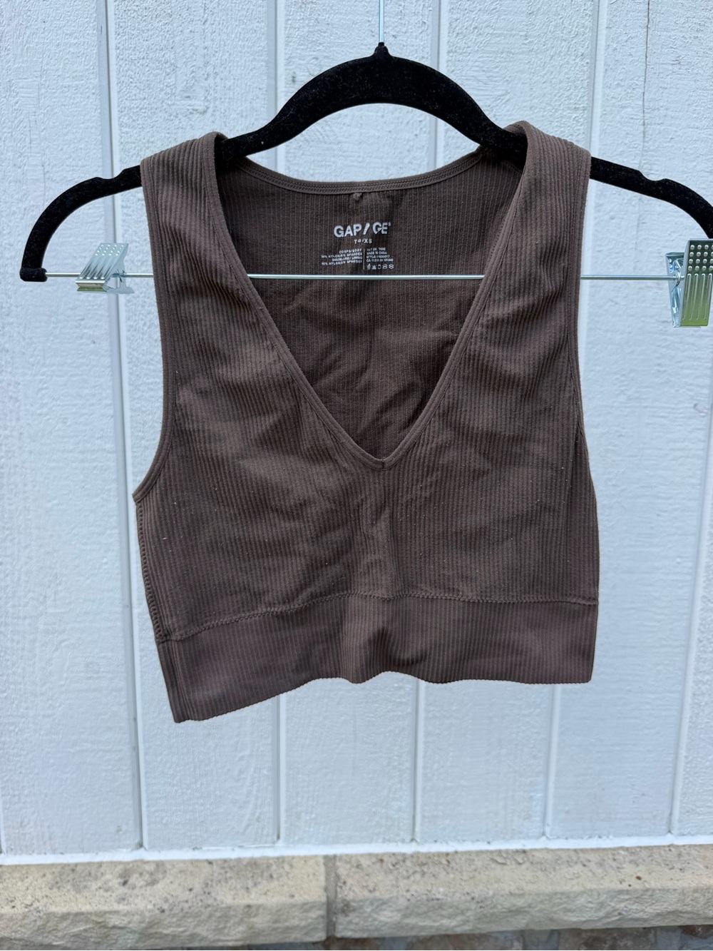 Garage Brown Ribbed V-Neck Crop Top / Sports Bra - Size XS not padded soft knit - Picture 2 of 7